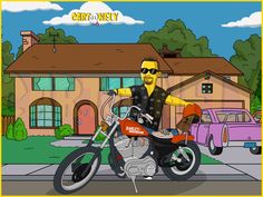 the simpsons is sitting on his motorcycle in front of a house with cars behind him