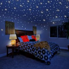 a bed room with a neatly made bed and stars on the ceiling