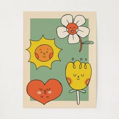 a card with three different cartoon faces and a flower on the front, one has two hearts