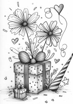 a black and white drawing of a gift box with flowers on it next to a birthday cake