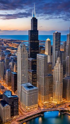 an aerial view of the chicago skyline at dusk