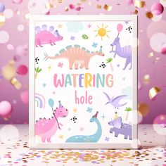 a greeting card with pink and purple dinosaurs on it, surrounded by confetti