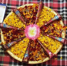 a pie with candy bars on it sitting on a table