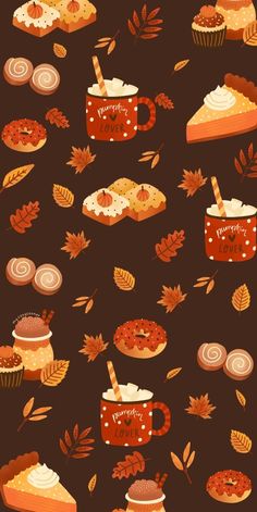 an image of thanksgiving desserts and pies on a brown background with autumn leaves