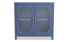 a blue cabinet with two doors and some gold handles on the front, against a white background