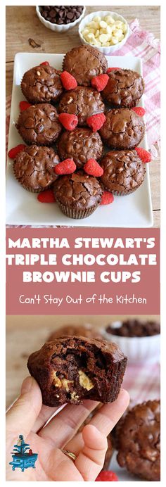 chocolate cupcakes with strawberries on top and brownie cups in the background