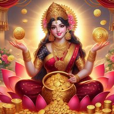 a woman sitting on top of a pile of gold coins