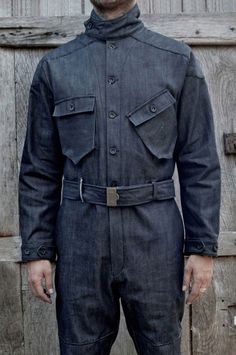 Bonneville Red Selvedge Denim Coverall in Indigo from El Solitario MC. Vault Dweller, Denim Coverall, Menswear Details, Selvage Denim, Denim Workwear, Denim Wear, Jumpsuit Men, Boiler Suit, Denim Boots