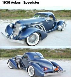 two pictures of an old blue car with chrome rims