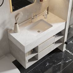 a bathroom vanity with a sink and mirror