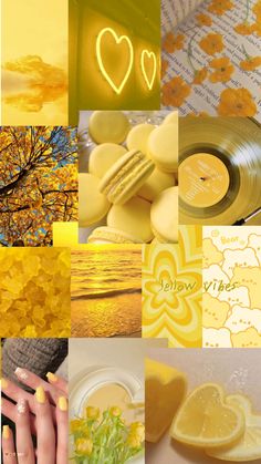 a collage of yellow and white images with hearts, flowers, lemons, leaves