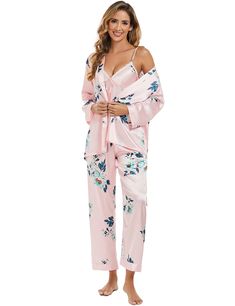 PRICES MAY VARY. 3 piece pajamas included: a cami,long sleeve robe with belt and long pants women satin pajama set with soft and smooth silky feel fabric,will keep you easeful while sleeping at night, that's ultra smooth against the skin so you can enjoy superior comfort. The unique dragon floral printing makes this silk pajamas look very luxurious and sexy Gift:The satin pj set is a perfect gift choice for your girlfriend,wife,mother,sisters or friends on birthday,Christmas Day,New Year,Valenti Satin Pajamas Set, Satin Pj Set, Satin Pajama Set, Women Sleepwear, Satin Pajama, Floral Printing, Silk Sleepwear, Women's Sleepwear, Satin Pyjama Set