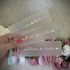 These personalised bookmarks make an excellent gift for a school, preschool or nursey teacher. They are made extra special with the pastel rainbow personalisation.  A perfect thank you gift for end of term that the teacher will love and use daily. DETAILS: *Frosted acrylic bookmark 15 x 5 cm *Personalised pastel rainbow and hearts *Come with choice of tassel colour *FREE POST WHAT CUSTOMERS SAY: 'Lovely teacher gift. Happy customer' 'Excellent service. Very happy with my purchase!' 'Beautiful te Teacher Cricut Gifts, Personalised Bookmarks, Teacher Cricut, Rainbow Bookmark, Bookmark Acrylic, Summer Bookmarks, Cricut Gifts, Thank You Presents, Everything Diy