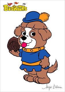 a cartoon dog with a baseball mitt in its paws and wearing a blue uniform