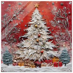 a white christmas tree with presents under it on a red and gold background, surrounded by snowflakes