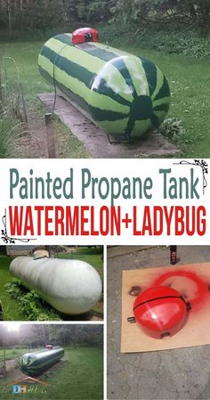 an inflatable watermelon and ladybug boat is on the ground