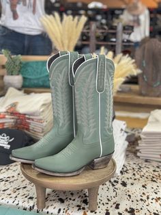 Gorgeous mint green style cowboy boots Ciel gumuza full grain leather Shaft height: 12" Heel: 1 1/2 Snip toe style and easy pull on Leather lining and cushioned footbed White boot stitch shaft embroidery Leather outsole Fits true to size Green Western Boots For Rodeo, Western Green Snip Toe Boots, Green Leather Western Boots, Green Snip Toe Ranch Boots, Fitted Green Snip Toe Boots, Green Casual Boots With Snip Toe, Casual Green Boots With Snip Toe, Style Cowboy Boots, Liberty Black Boots