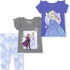 FUN AND STYLISH FEMININE CLOTHES Disney Frozen girls clothes are fun, fashionable and durable too! Mix and match these adorable clothes for a day at the beach, picnics, playing and hanging out with family and friends. Relaxed fit and comfortable fabric with cute details, ruffled sleeves and vibrantly colored prints! What's Included? x1 Leggings, Blue x1 Shirt, Blue x1 Shirt, Gray Material: Leggings: 58% Cotton, 38% Polyester, 4% Spandex Shirts: 60% Cotton, 40% Polyester WHY CHOOSE DISNEY CLOTHES Elsa Anna And Olaf, Anna And Olaf, Cute Frozen, Disney With A Toddler, Spandex Shirts, Matching Leggings, Elsa Anna, Leggings Set, Girls Clothing Sets