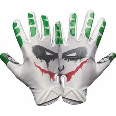 an image of a white and green glove with the joker face painted on it's palm