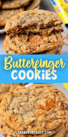 two cookies stacked on top of each other with the words butterfingerer cookies above them