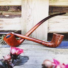 a pipe is laying on the ground next to some pink flowers and a wooden door