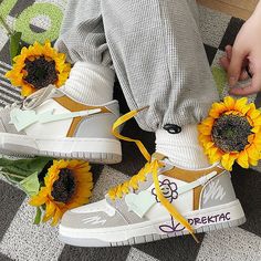 Yellow and Grey Flower Sneakers Step into style with these elegant Yellow and Grey Flower Sneakers. The perfect blend of fashion and comfort, these sneakers are sure to make a statement. Stand out from the crowd with the unique floral design and feel confident with every step. Elevate your wardrobe and make a lasting impression in these stunning sneakers. Aesthetic Flower Design, Flower Sneakers, Aesthetic Sneakers, Kawaii Swimsuit, Aesthetic Flower, Soft Aesthetic, Grey Flowers, Cute Sneakers, Kawaii Dress