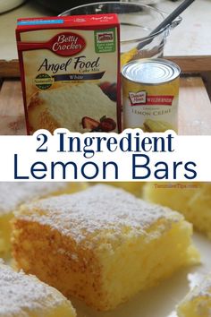 two ingredient lemon bars with powdered sugar on top and in the background, there is a can of angel food