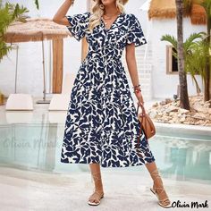 Olivia Mark - Floral Print Casual Collared Short-Sleeve Dress with Waist Tie Dress Floral Prints, Short Sleeve Midi Dress, Flower Print Dress, Mini Robes, Weave Style, Vintage Floral Print, Midi Short Sleeve Dress, Spring Dresses, V Neck Dress