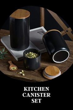 kitchen canister set Black White Food, Canning Jar Storage, Kitchen Canister Set, Tea Container, White Food, Coffee Storage, Coffee Jars, Kitchen Jars, Jar Storage