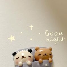 two teddy bears are sitting in a small basket with the words good night written above them