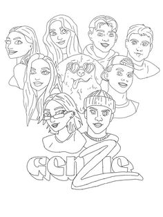 an adult coloring page with the faces of people in black and white, on a white background