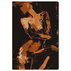 an orange and black abstract painting on a white background with the image of a nude woman