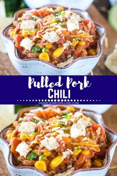 two bowls filled with pulled pork chili and tortilla chips on a wooden table