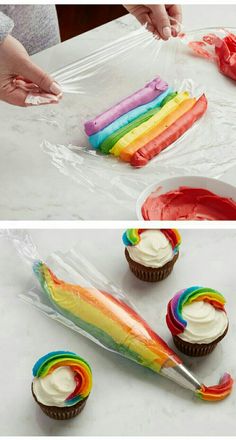 there are cupcakes with rainbow icing on the top and one has a knife in it