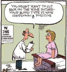 a cartoon depicting a doctor talking to a patient who is sitting on a bed and the caption says you might want to cut back on the wine intake