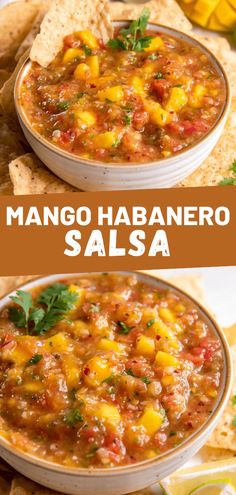 mango habanero salsa in a bowl with tortilla chips