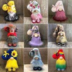 many different types of stuffed animals with hats and scarves on their heads are shown