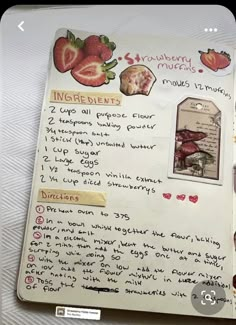 a recipe book with strawberry muffins written on the side and instructions to make it