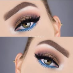 Eyelash Makeup Look, Blue Waterline, Blue Eyeliner Makeup, Golden Eye Makeup, Makeup Beauty Room, Beautiful Wedding Makeup, Eyelash Makeup, Lash Kit, Makeup Secret