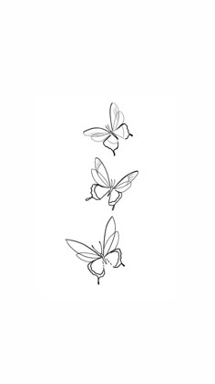 three butterflies flying in the air on a white background, one is drawn with black ink