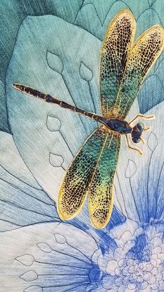 a drawing of a dragonfly sitting on top of a flower with water droplets around it