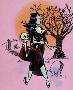 a drawing of a woman walking with a skull in her hand and a bag on her shoulder