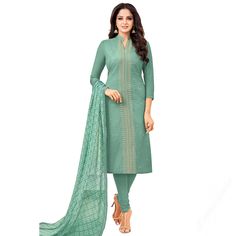 A stylish interpretation of ethnic glamour and contemporary style, this seafoam green chanderi silk churidar suit will surely make a statement. This collar v-neck and 3/4th sleeve kurti designed with resham thread and dori work. Along with cotton churidar in seafoam green color with seafoam green nazneen dupatta. Churidar is plain. Dupatta elaborated using printed and lace work. This churidar suit can be customized up to the maximum size available in inches 58. Sea Green Colour, Actress Style, Prachi Desai, Organic Fashion, Lehenga Style, Islamic Clothing, Indian Designer Outfits