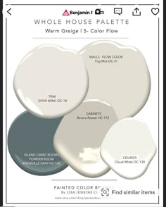 three shades of white paint with the words, whole house palette warm greige 1 - color flow