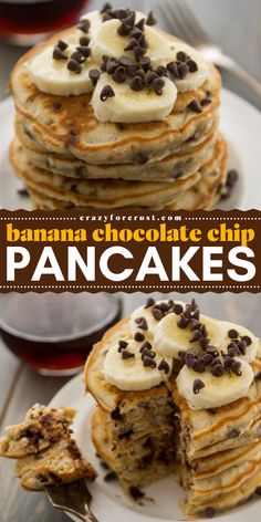 Start your holiday morning with these Banana Chocolate Chip Pancakes! These fluffy pancakes are made with ripe bananas, mini chocolate chips, and a hint of cinnamon, making them a delicious choice for Christmas morning breakfast or holiday brunch ideas everyone will love! Banana Chocolate Chip Pancakes Easy, Easy Chocolate Chip Pancakes, Chocolate Chip Pancakes Recipe Easy, Banana Chocolate Pancakes, Pancakes Chocolate Chip, Homemade Chocolate Chip Pancakes, 3 Ingredient Banana Pancakes, Chocolate Chip Banana Pancakes, Fluffy Pancakes Recipe