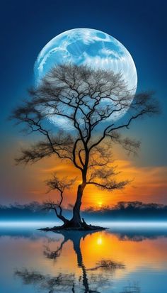 a full moon is reflected in the water with a tree on it's shore