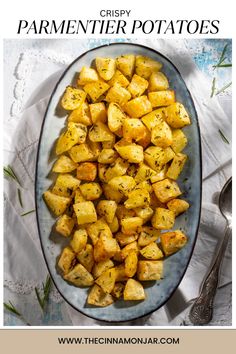 Parmentier potatoes in an oval dish on white napkins. Parmentier Potatoes, Roasted Mini Potatoes, Potato Cubes, French Potatoes, Potatoes Roasted, Mini Potatoes, Christmas Side Dishes, Gluten Free Potatoes, Potato Sides