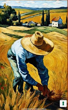 a painting of a man with a straw hat in a wheat field looking at the ground