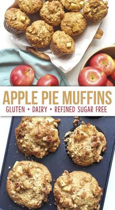 apple pie muffins are on a baking sheet with apples in the background and text overlay