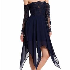 Off The Shoulder. Beautiful Details Navy Long Sleeve Midi Dress For Party, Navy Dress For Fall Party, Navy Midi Dress For Spring Party, Blue Long Sleeve Lace Midi Dress, Navy Midi Dress For Spring Evening, Navy Mini Dress For Spring Party, Navy Mini Dress For Spring Evening, Blue Lace Midi Dress For Night Out, Unique Black Dresses